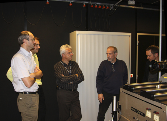 Renato Berta visiting Angénieux - From left to right : Bruno Coumert, optical design engineer, manager of the research branch, Emmanuel Faure, manager of business affairs, Bernard Féraud, manager for qualification and expertise, Renato Berta, Dominique Rouchon-Picariello, manager of civilian marketing