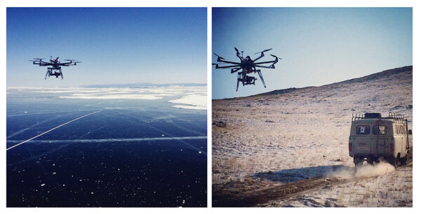 Drôle de drone... - Nous avons fait quelques plans de drone sur la glace et sur la terre pour accueillir Teddy en Sibérie… Ce diptyque de Lisa me parait être une parfaite transition pour guider une équipe sur la terre ferme après avoir passé plus de deux mois sur une île… <i>(Photo Lisa Kravchenko, assistante mise en scène, jeudi 2 avril)</i>