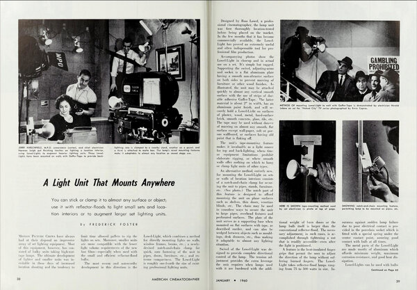 Article publié dans l' "American Cinematographer” en janvier 1960 - Le directeur de la photographie Gerald Hirschfield utilise quelques clamps Lowel Light en lumière d'appoint