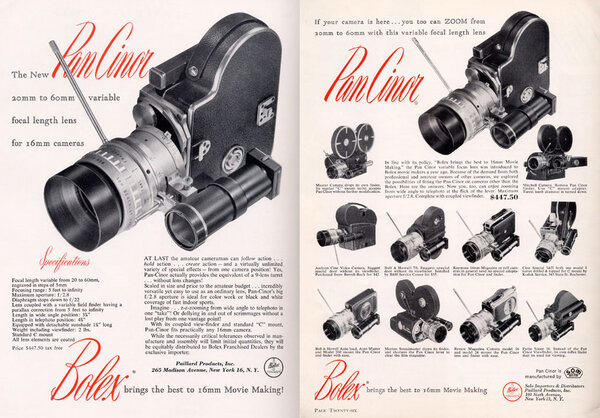 English-language advertisement by Swiss company Paillard-Bolex, distributor of Pan Cinor zooms – 1953