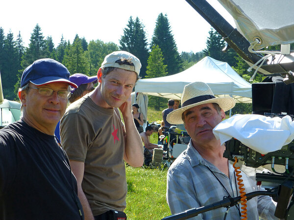 Philippe Porte, à gauche, Gil Decamp et Carlo Varini sur le tournage de "Win Win", de Claudio Tonetti, en 2013 - DR - Archives Philippe Porte