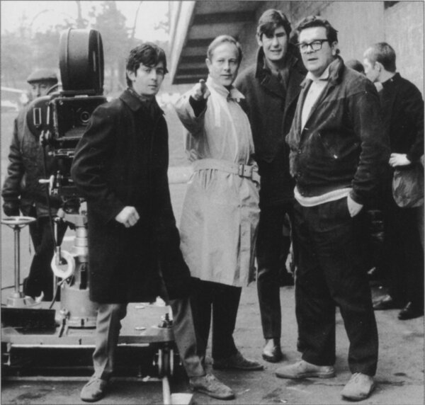 On set of “Fahrenheit 451” by François Truffaut - Tony Richmond (clapper), Nicolas Roeg, Alex Thomson (cameraman) and Kevin Kavanagh (assistant cameraman)