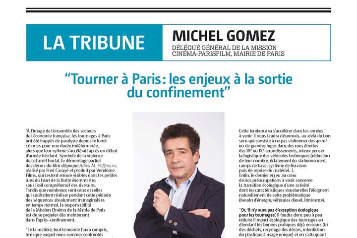 "Tourner à Paris : les enjeux à la sortie du confinement" Tribune de Michel Gomez parue dans "Le Film français"
