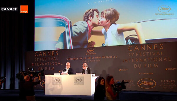 Thierry Frémaux et Pierre Lescure annonçant la sélection de Cannes 2018 - Capture d'écran de la conférence de presse