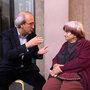 Marc Nicolas discutant avec Agnès Varda dans la cour de La Fémis, en 2014 - Photo Jean-Jacques Bouhon 