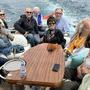 Balade en bateau vers l'île Saint-Honorat pour les jurys des Prix CST - De g. à d. : Jean Achache, Ariane Boeglin Levent, Moira Tulloch, (…) 