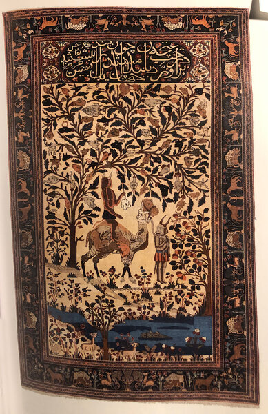 Deux "démons" dans un jardin, tapis de laine Mohtashem, Kashan, Iran, début du XX<sup class="typo_exposants">e</sup> siècle