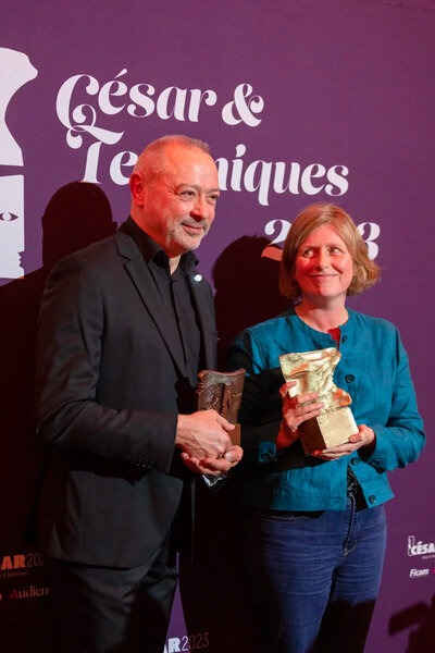 Tommaso Vergallo (Noir Lumière) et Béatrice Bauwens (MPC Paris) - Photo Leila Graindorge - ENS Louis-Lumière pour l'Académie des César 2023