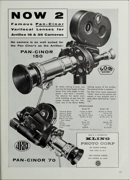 Page publicitaire parue dans l' "American Cinematographer" en novembre 1957 - Pan Cinor 150 (38,5-154 mm) pour caméras 35 mm et Pan Cinor 70 (17,5-70 mm) pour caméras 16 mm