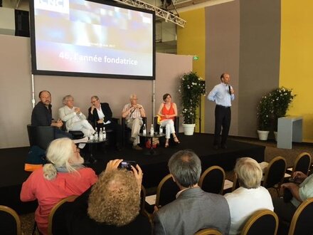 Tangui Perron, Morgan Lefeuvre, Pascal Ory, Michel Pigenet et Olivier Loubes, accueillis par Christophe Tardieu (CNC)