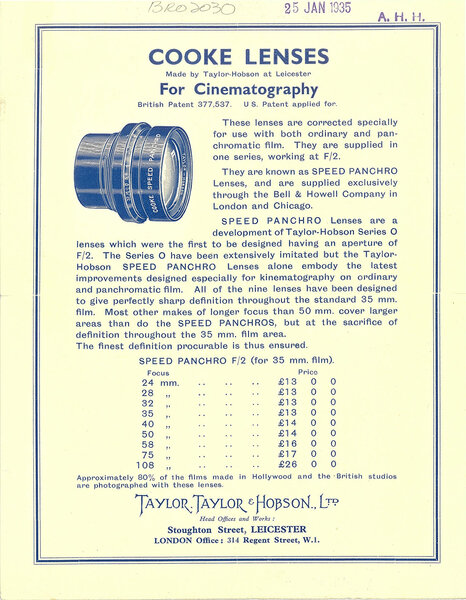 Les optiques Taylor-Hobson Cooke Speed Panchro sur un document des années 1930