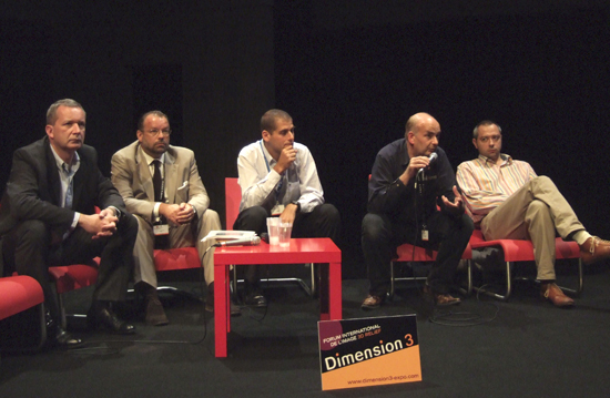 Lors d'une table ronde - De gauche à droite, Pascal Gervais (Christie), Julian Stanford (Imax), Ami Dror (Xpand), Patrick Zuccheta (Doremi), Tommaso Vergallo (Digimage)<br class='manualbr' />Photo François Reumont