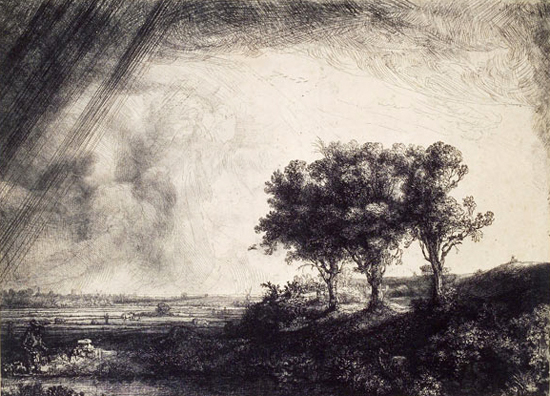 Le Paysage aux trois arbres - Eau-forte, pointe sèche, burin et morsure à la fleur de soufre, 1643 (Bibliothèque nationale de France, Estampes)