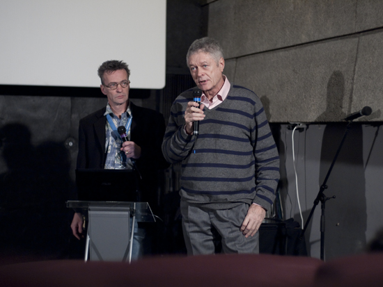 A droite, Pierre-William Glenn, AFC, et Rip Hampton O'Neil, CST, lors de la présentation de la mire Analysis - Photo Jean-Jacques Bouhon - AFC