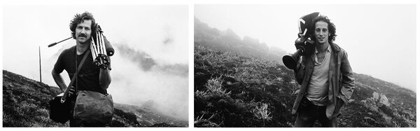 Werner Herzog, à gauche, et Ed Lachman sur le tournage de "La Soufrière", en 1976