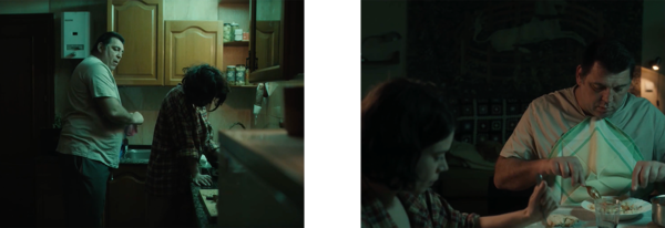 Deux images d'Andreas dinant avec Nat dans la maison lors d'une scène où l'on perçoit le malaise ambiant