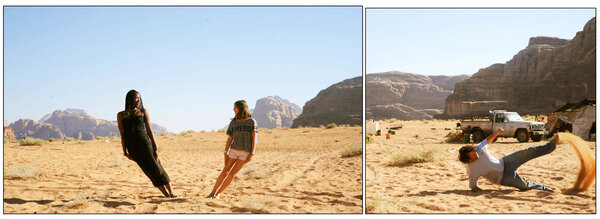 Anyes & Syrine, and Gilles - Wadi Rum Desert, 7 a.m. ...<br class='manualbr' />Diptych: Anyes & Syrine by Gilles / Gilles by Syrine...<br class='manualbr' />“Framing a shot in order to obtain a beautiful horizontality… Asking the subject to let him- or herself fall and waiting until the last moment to take the photo and cushion the fall… Preferably choosing as a surface water, snow, a mattress or… sand!” <i>(Gilles, July Saturday 5)</i>