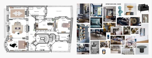 Plan de l'appartement, de Samuel Deshors (chef déco), et planche déco