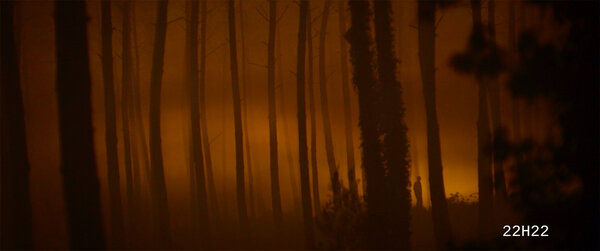 Plan large Simon, la forêt en feu au loin (image rushes)