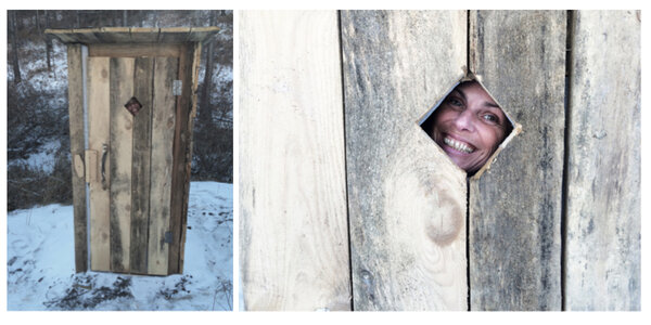 Wooden toilets! - Toilets on a set are a recurring theme on this shooting, as on many ones. Here, Corinne (costume supervisor), locked in the action toilets of the Teddy's cabin that the location management made usable as to let our little green tent in a UAZ sometimes. <i>(Photo by Rachel Corlet, script supervisor, Wednesday 25 February)</i>