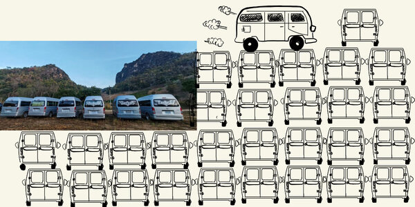 36 vans... | Photo Helen (iPhone) + dessins de Gilles Porte - <p>J'avais demandé à Helen (transport manager) de me faire parvenir une photo avec les 36 vans que nous avons utilisés tous les jours pour tourner ce road movie en Thaïlande ! Je lui avais promis de citer chaque chauffeur. Elle m'envoie une photo avec 6 vans.. Je dessine les autres... Voilà les chauffeurs :</p>
<p>1/Tong - 2/Kaï - 3/Auy - 4/Kop - 5/Beer - 6/Kam - 7/Bom - 8/Jit - 9/Keng - 10/Chita – 11/Satian – 12/Hall – 13/Ton – 14/Pay – 15/Jackie – 16/Piw – 17/Au – 18/Lak – 19/Nut – 20/Montri – 21/Best – 22/Tor – 23/Aun – 24/Aek – 25/Berm – 26/Bang – 27/Ju – 28/Noom – 29/Bew – 30/Chau – 31/Ae - 32/Oh – 33/Tui – 34/Bank – 35/Awang – 36/Jo</p>
