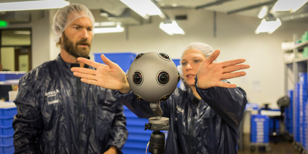 Andrew Wilson, Céline Tricart, and the Nokia Ozo camera on the set of a Shinola film in 360° VR