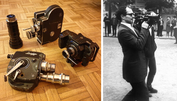 A g. photo Gertrude Baillot ; à d. Jean-Luc Godard filmant les évènements de mai 68.(Photo Keystone France/ Gamma Keystone via Gerty Images)