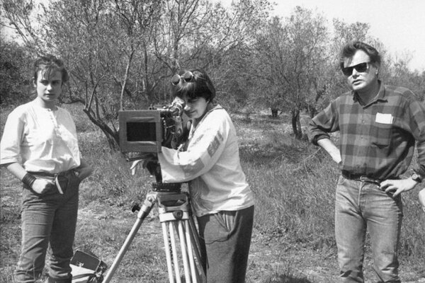Sandrine Bonnaire, Agnès Varda et Patrick Blossier sur le tournage de "Sans toit ni loi"