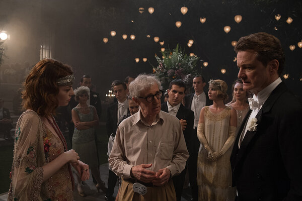 Emma Stone, Woody Allen and Colin Firth, on the suhooting of "Magic in the Moonlight", photographied by Darius Khondji - DR