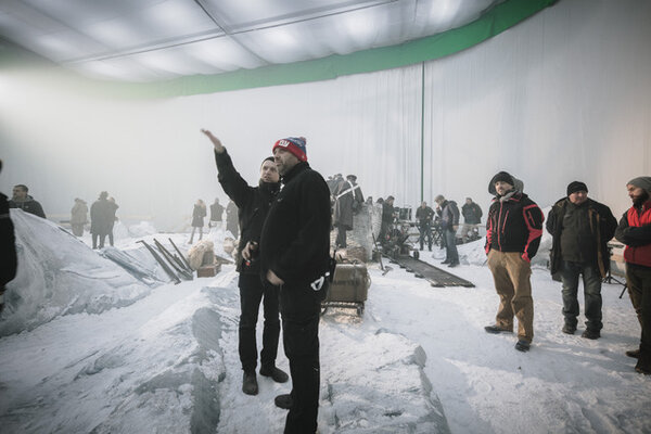 Florian Hoffmeister, BSC, gaffer Attila Bilik, and director Edward Burger, right - Photo : Aidan Monaghan