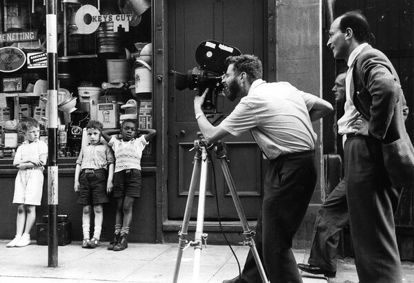 Walter Lassally and Karel Reisz on set of “We Are the Lambeth Boys” in 1959