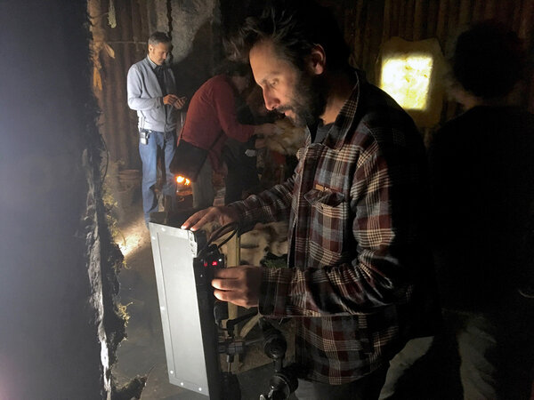 Nicolas Bolduc fixing a light on "Hochelaga, Land of Souls"