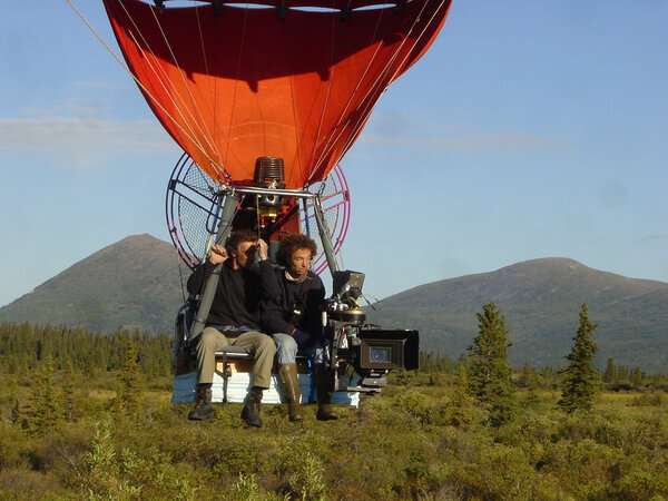 Thierry Machado, in a hot-air balloon, on location of "Winged Migration"