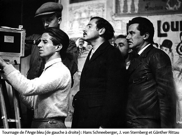 Sur le tournage de "L'Ange bleu", de Josef von Sternberg - De g. à d. : Hans Schneeberger, Josef von Sternberg et Günther Rittau