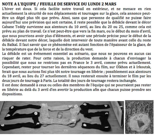 Esprit chamane es-tu là ? - Si « la totalité des jours de tournage restera inchangée » (sic), ce que j'avais promis à ma fille est totalement remis en question : en repassant par Paris, je l'aurais retrouvée… Elle m'aurait accompagné pour être avec moi lors de la 2<sup class="typo_exposants">e</sup> partie du tournage en Sibérie pendant les vacances scolaires et nous aurions prolongé tous les deux en Mongolie, à la recherche d'enfants rencontrés six ans plus tôt derrière une vitre. <a href="http://www.linternaute.com/cinema/film/1696859/dessine-toi/bande-annonce/" class="spip_out" rel="external">Voir la bande-annonce</a> du film <i>Dessine-toi</i>. Comme il est encore « possible » (sic) que ce scénario se déroule comme ce qui avait été initialement prévu, je lance un SOS avec mes chaussettes dans ma chambre si jamais un esprit chamane venait à passer… <i>(Gilles Porte, lundi 2 mars)</i>