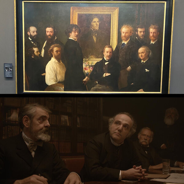 "Hommage à Delacroix", de Henri Fantin-Latour, exposé au musée d'Orsay, et le photogramme qui s'en inspire