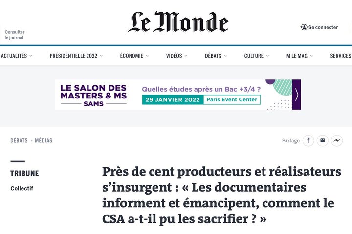 "Près de cent producteurs et réalisateurs s'insurgent" Une tribune pour défendre le documentaire de création publiée dans "Le Monde"